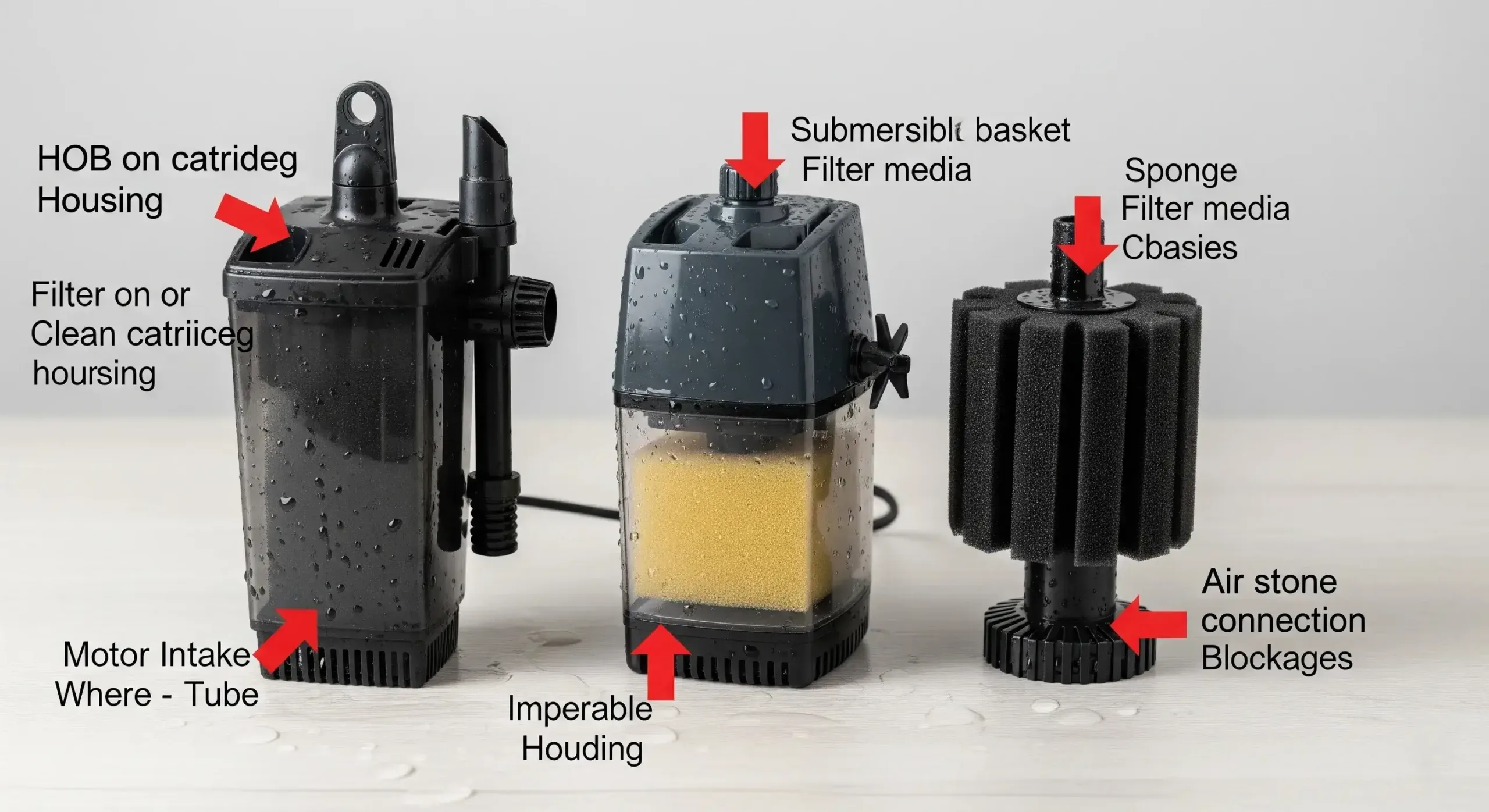 Poinrts out that different aquarium filters have different parts to clean.