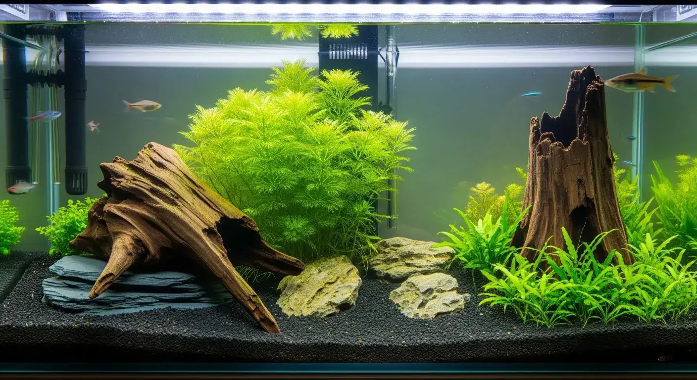 Two brown driftwoods are sinking in the aquairum.